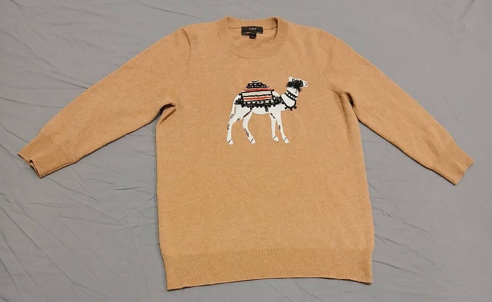 J.crew womens small camel sweater wool cashmere novelty theme tan crewneck